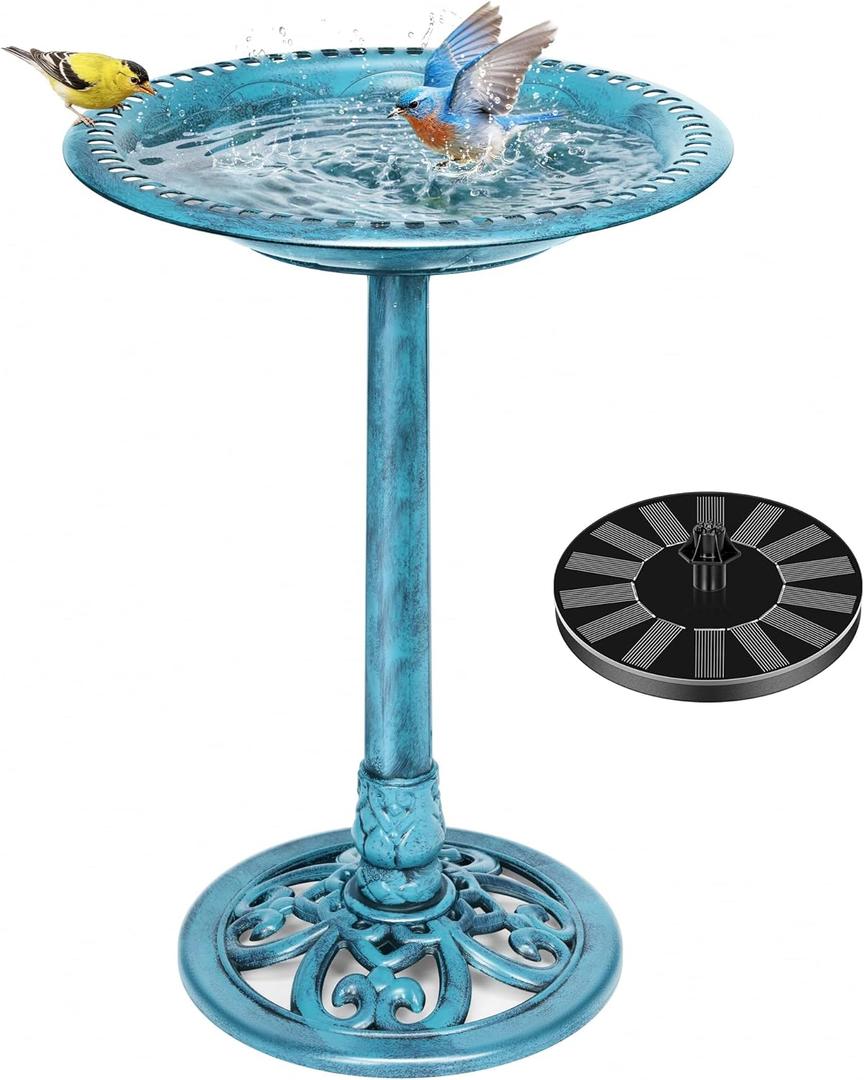 VIVOHOME Bird Bath with Solar Fountain for Outside, Polyresin Pedestal Bird Baths with Solar Powered Pump for Outdoor, Garden, Weather-Resistant Birdbaths with 20" Bowl, Blue