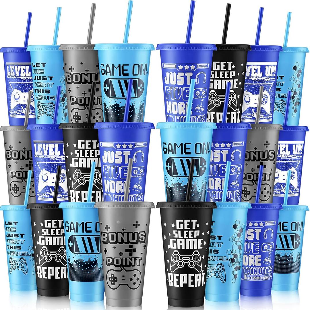 Mifoci Video Game Plastic Cups with Lids and Straws Reusable Tumbler with Lid and Straw Cute Iced Coffee Travel Cups Mug Water Bottle for Adult Kid Gaming Birthday Supplies(Classic Color,24 Pcs)