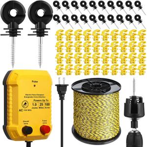 MorningRo Electric Wire Fence Kit, 25 Mile 110VAC 1 J Plug in Fence Charger with 3366 FT Polywire, 40 T Post Insulators, 20 Screw in Insulators for Pasture Farm Horse Cattle Poultry Fencing