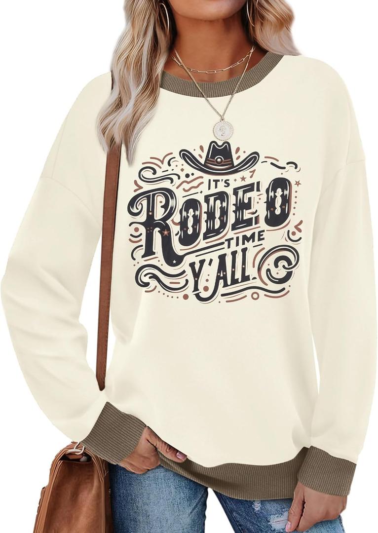 ASTANFY Cow Skull Western Sweatshirts For Women Country Western Outfits Cowgirl Pullover Sweatshirts (Beige, XXL)