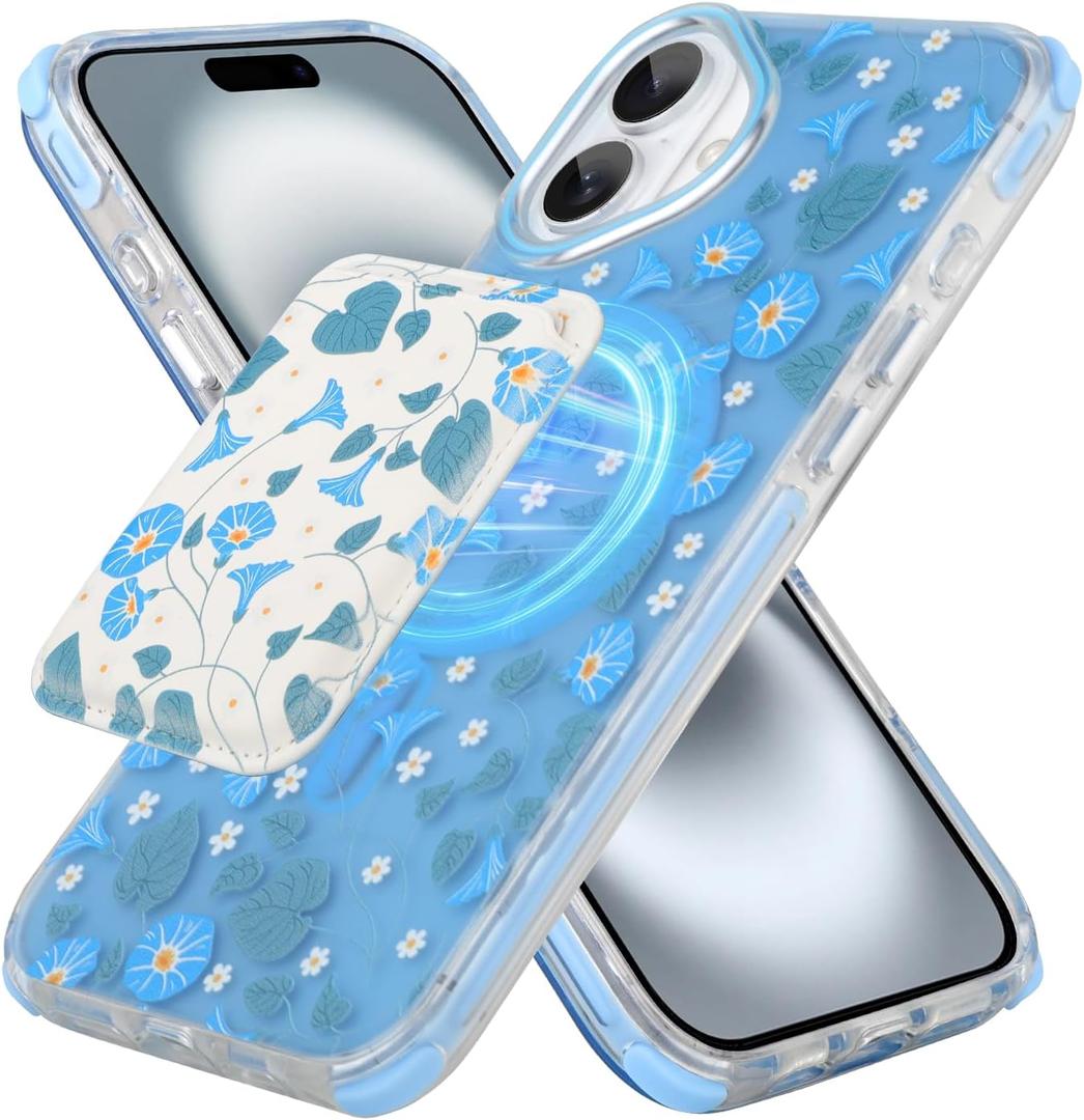 tharlet Magnetic for iPhone 16 Case with Card Holder [Compatible with Magsafe][ with Wireless Charging Wallet] Blue Flower Floral Printed Pattern Clear Case for iPhone 16 Case, Blue (6.1")