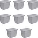 Sterilite 18 Gal Storage Tote, Stackable Bin with Lid, Plastic Container to Organize Clothes in Closet, Basement, Gray Base and Lid, 8-Pack