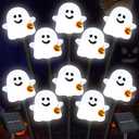 BRIGHTDECK Solar Halloween Ghost Pathway Lights, 10 Pack Ghost Stake Lights with Pumpkin Design, Durable Waterproof Outdoor Halloween Decoration for Garden, Walkway, and Yard (Cold White)