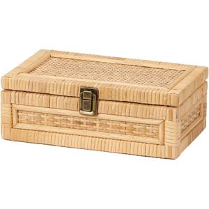 Rattan Box with Lid Decorative Natural Handmade Boho Rattan Baskets Woven Wicker Cane Bins Keepsake Memory Jewelry Boxes Rectangular Desk Shelf Closet Organizer Container (Small Size)
