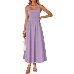 ZESICA Women's Summer Sleeveless Halter Midi Dress 2026 Off Shoulder High Waist Flowy Formal Wedding Guest Long Dresses Medium