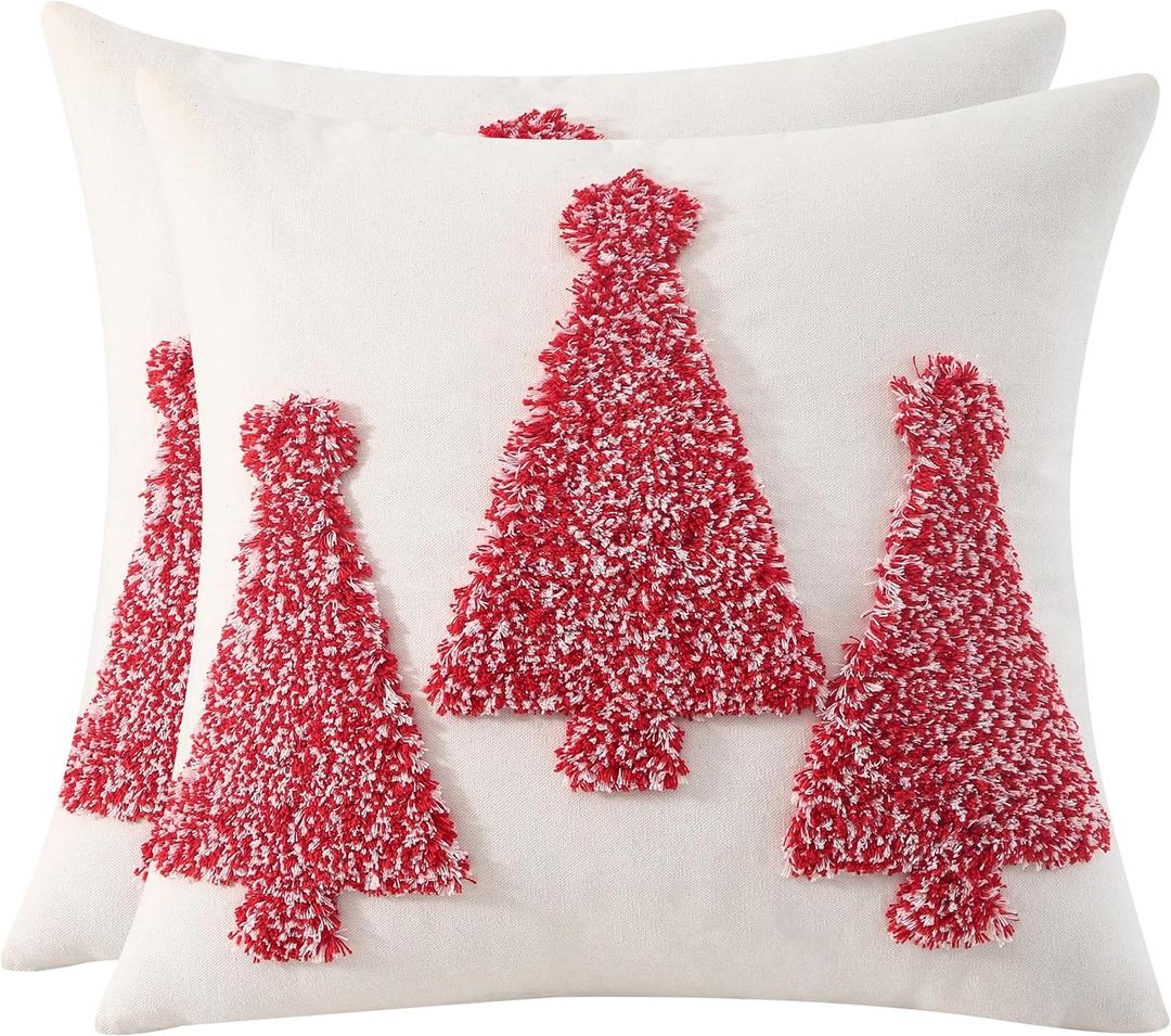 Tosleo Christmas Tufted Pillow Covers 18 x 18 inch Set of 2 Red Xmas Trees Throw Pillow Covers Christmas Party Decors Winter Holiday Cushion Case for Sofa Couch Bed Living Room