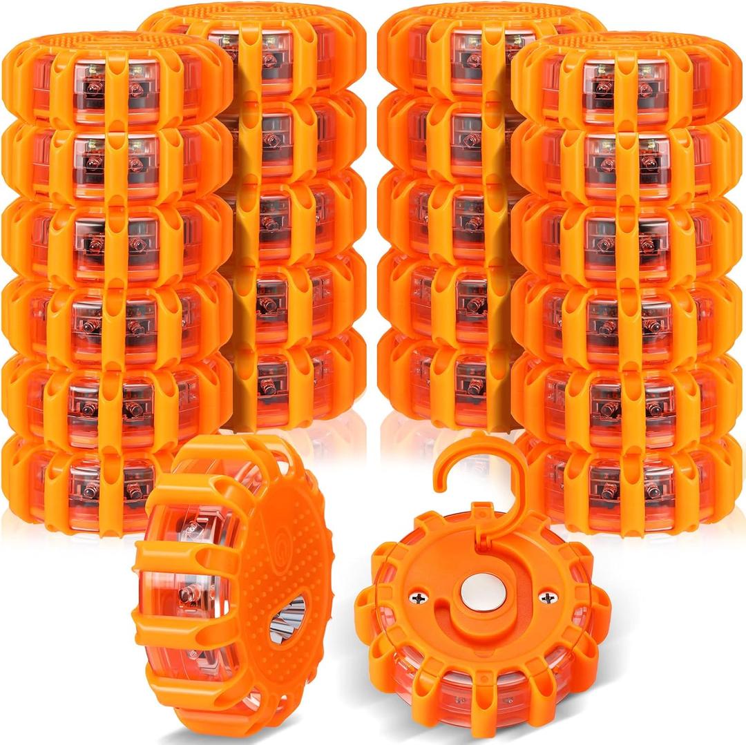 Frienda 24 Pieces LED Roadside Safety Flares Emergency Flare Lights Flashing Warning Lights Bulk Roadside Safety Beacon Disc Pack with Magnetic Base and Hook for Car Truck Vehicles Boat