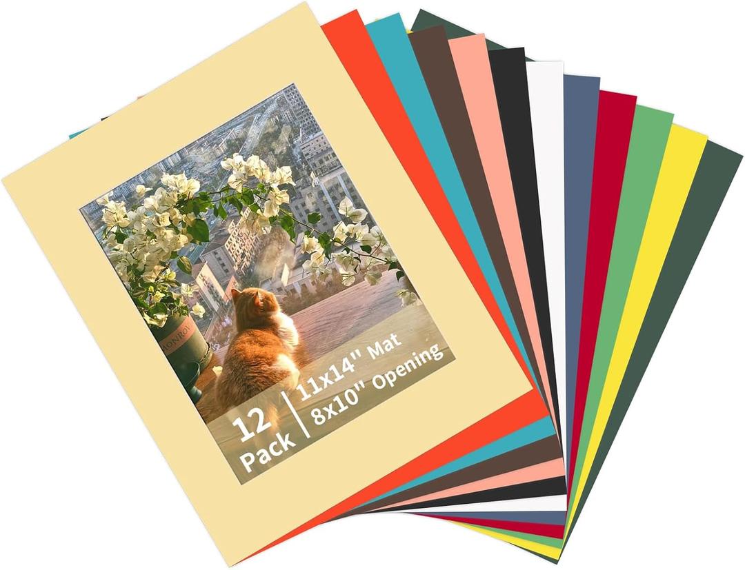 ZBEIVAN 12 Packs Mixed Colors 11x14 Picture Frame Mats for 8x10 Photos, Artworks and Prints, White Core Bevel Cut Frame Mattes