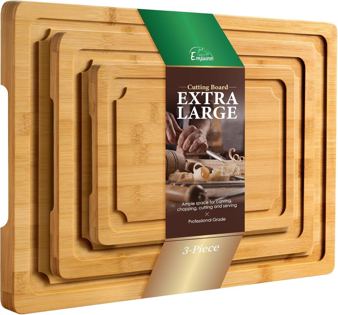 Extra Large Cutting Board Set of 3, Bamboo Cutting Boards for Kitchen with Juice Groove and Handles Kitchen Chopping Board for Meat Cheese board Heavy Duty Serving Tray, Empune (Assorted Sizes (3-Piece))