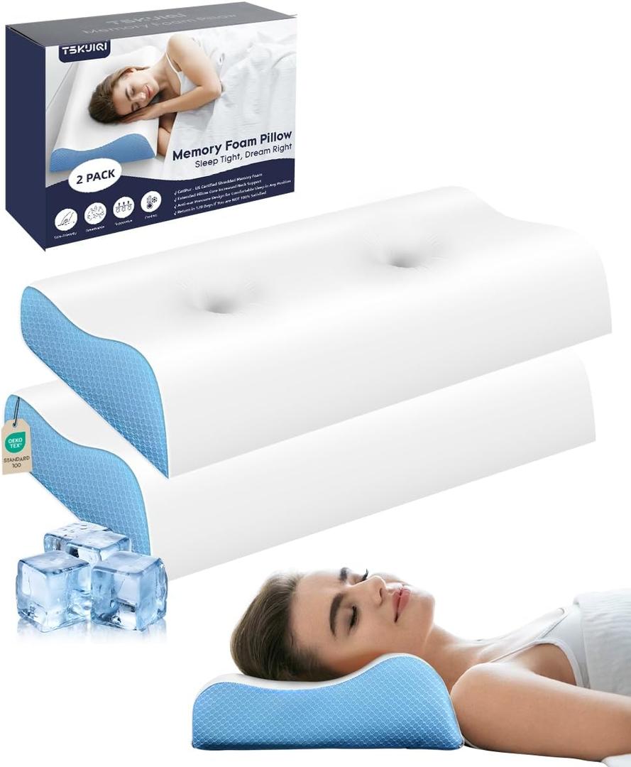 Cervical Pillow for Neck Pain Relief - Contour Pillow Memory Foam Pillows for Sleeping, Double Ear Relief Zones Neck Pillow, 6CM Enhanced Neck Support Cooling Bed Pillow for All Sleep Positions (Standard (Pack of 2), White Blue)