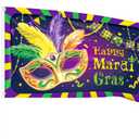 Ganeen Happy Mardi Gras Flag 3x5 ft Double Sided Large Masquerade Mask Beads Fleur De Lis Holiday Flag New Orleans Carnival Outdoor House Yard Banner for Mardi Gras Party Decor Supplies(Mask Style)