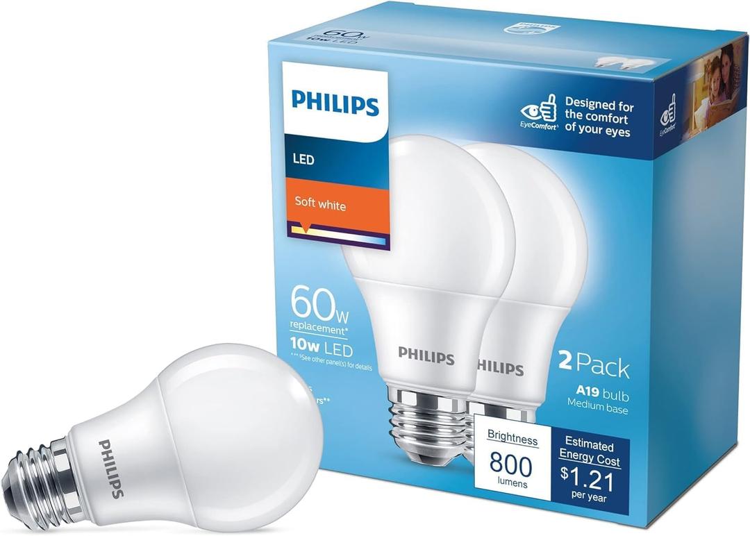 Philips LED Basic Frosted Non-Dimmable A19 Light Bulb - EyeComfort Technology - 800 Lumen - Soft White (2700K) - 10W=60W - E26 Base - Indoor - (2-Pack, 4 Counts)