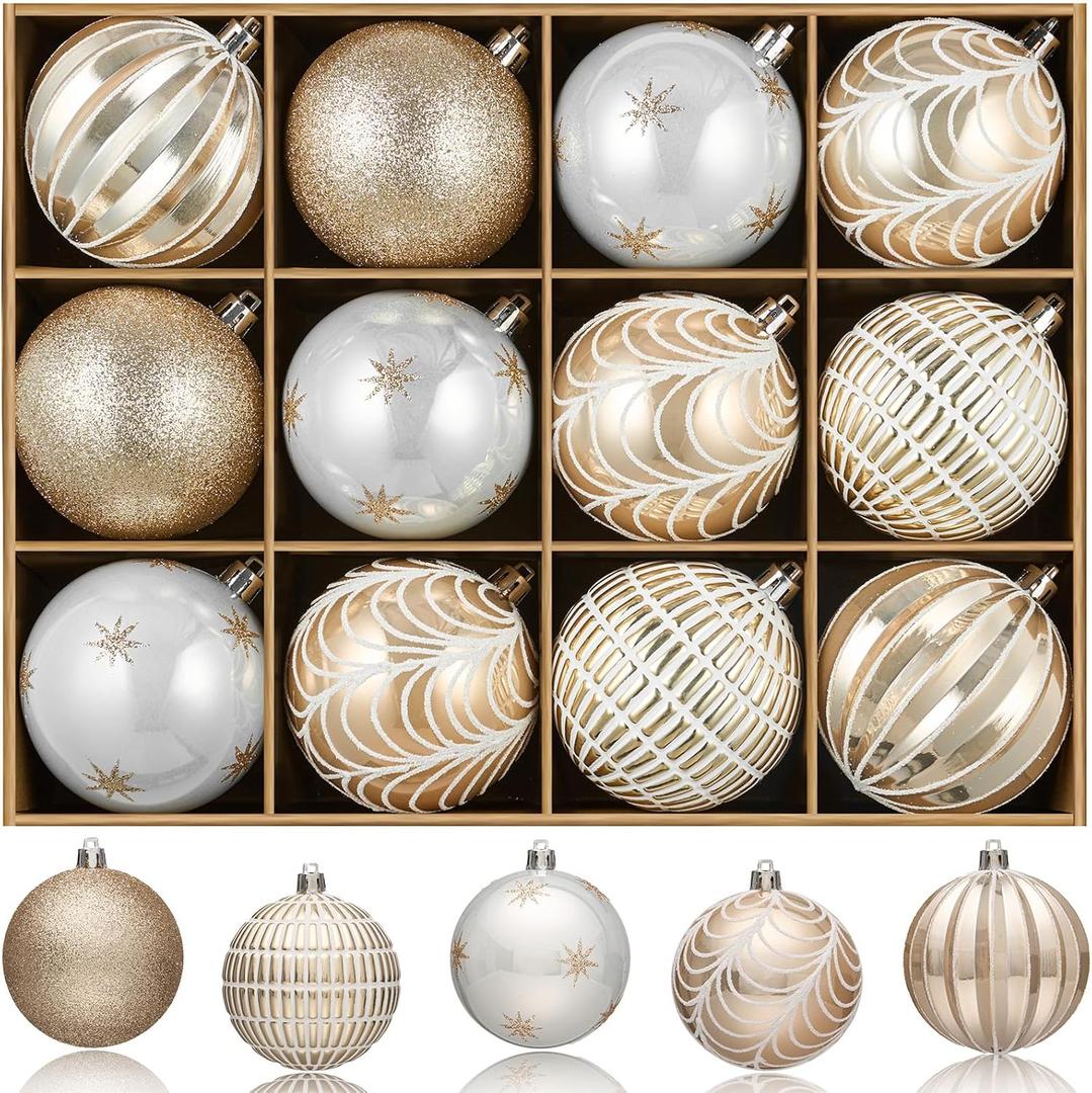 JORNOY Christmas Tree Ornaments Set of 12, 3.15inch/80MM Shatterproof Plastic Xmas Tree Ball Ornaments Bulk Decorative Hanging Baubles for Xmas Tree Decor Holiday Party Decorations, Champagne