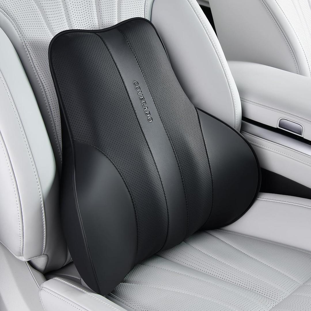 Coverado Lumbar Support Pillow for Car, Ergonomic Memory Foam Back Pillow for Office Chair, New Back Cushion for Pain Relief, PU Leather Car Lumbar Support for Driving Seat - BK