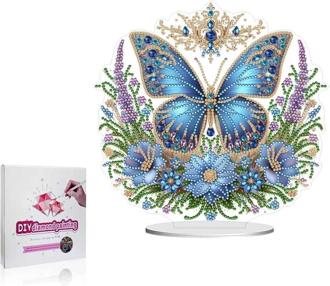 Koikify Diamond Painting Tabletop Ornament, DIY Crystal Diamond Art Kit with Blue Floral Butterfly, Stand Up Gem Painting Craft for Home & Office Decor (9.45 x 9.09 Inch/24 x 23.1 cm)
