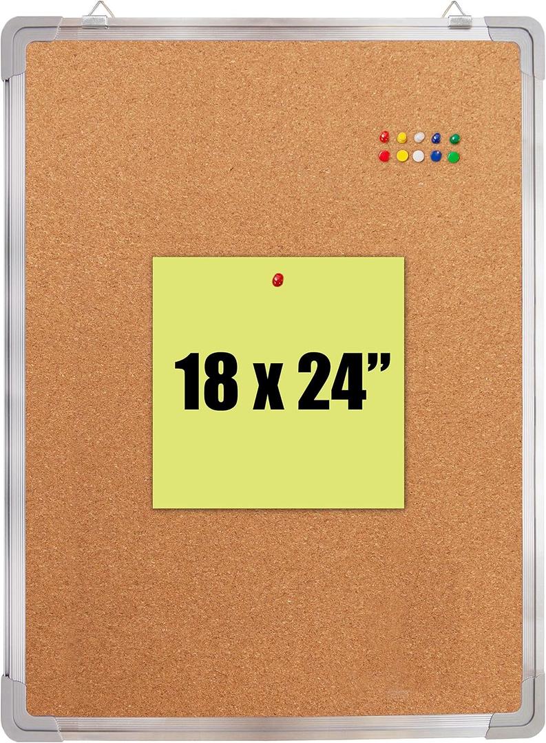 Cork Board 18x24 in, Framed Wall Hanging Bulletin Board with 10 Thumb Tacks