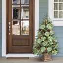 Jin&Bao 4FT Potted Christmas Tree with 100 Lights, 2 Pack Artificial Xmax Tree Timer Function with Long Pine Cones & Red Berries, 3AA Battery Operated Christmas Decorations for Outdoor, Porch