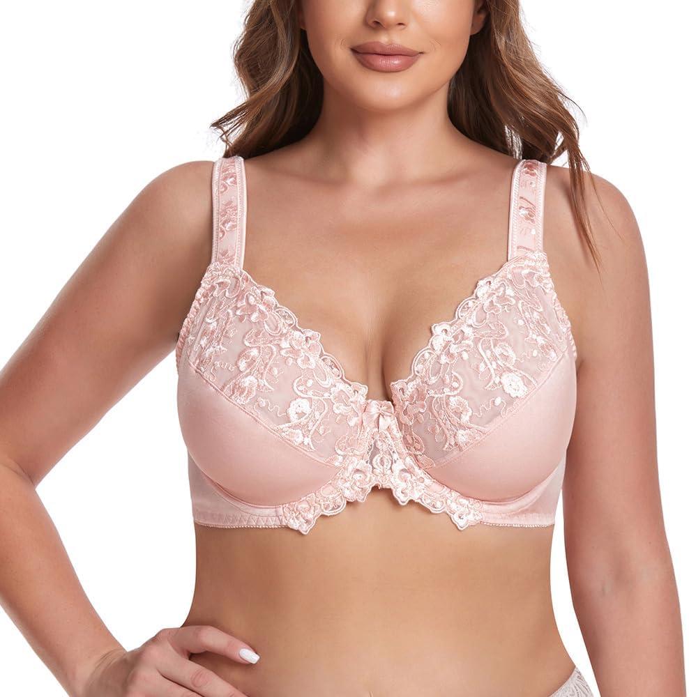 TELIMUSSTO Women's Full Coverage Floral Lace Underwired Bra Plus Size Non Padded Comfort Bra (52DDD, Pink)