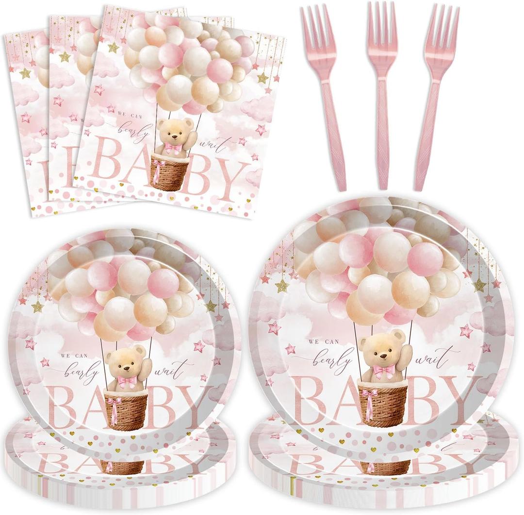 96 Pcs Girl Bear Baby Shower Party Tableware Set Pink Hot Balloons Bear Disposable Paper Plates and Napkins We Can Barely Wait Baby Shower Party Supplies for 24 Guests (Pink)