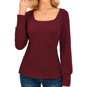 GRACE KARIN Womens Fall Long Sleeve Trendy Tops 2025 Square Neck Ribbed Casual Shirts Cozy Basic Sweater (Red, S)
