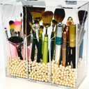 Acrylic Makeup Organizer,Clear Cosmetic Brush Storage Box With 3 Brush Holders,with Dust Cover, Large-capacity Split Design can Quickly Organize the Desktop (with3 bags of white pearls