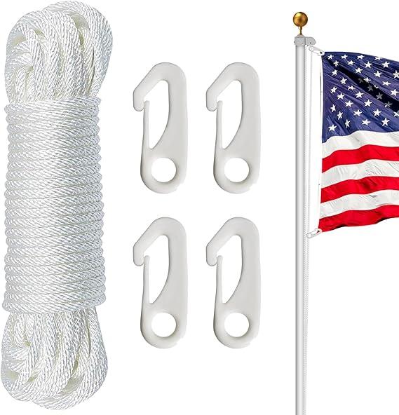 smrtcol Flagpole Rope Kit 1/4 Inch x 66 Ft Durable Nylon Halyard with 4 Plastic Clips – Quiet, Weatherproof for 33 Ft Flagpoles, DoubleSided Flags, Camping & Outdoor Use