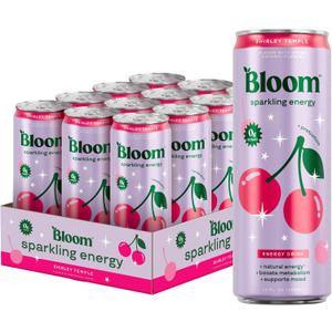 Bloom Nutrition Sparkling Energy Drink - Natural Caffeine, Zero Sugar, 180mg Caffeine - Antioxidant-Rich with Green Coffee Bean, Green Tea Extract, Prebiotics - Shirley Temple- 12oz 12 Pack (EXP 08/01/27)