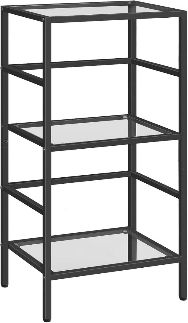 HOOBRO 3-Tier Bookcase, Tempered Glass Bookshelves, Record Storage Rack with Side Fence, Storage Shelves for Bathroom, Slim Shelving Unit for Living Room, Home Office, Black BK81CJ01