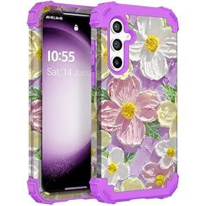 SleekCover for Galaxy S24 Plus Case, 3 in 1 Oil Painting Flower Pattern Heavy Duty Shockproof Protection Silicone Rubber Bumper+Hard Plastic Protective Cover for Samsung S24 Plus 6.7", Purple/ Pink
