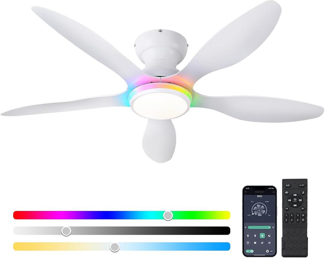 Ceiling Fans with Lights, 46 inch Modern Low Profile Ceiling Fan with Light and Remote App Control, Flush Mount, Quiet DC Reversible, RGB Led Ceiling Fan for Bedroom Kitchen Indoor/Outdoor Patio White