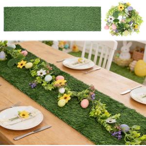 12" x 48" Easter Grass Table Runner with 5.7 Ft Easter Floral Egg Garland, Artificial Grass Table Runner Decorations for Spring Farmhouse Home Party Table Decor