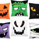 Breling 6 Set Halloween Pillow Covers, Black Cats Ghosts Pumpkin Soft Plush Faux Fur Wool Couch Throw Cushion Cover for Halloween Sofa Chair Bed Home Decorative (16 x 16 Inches)