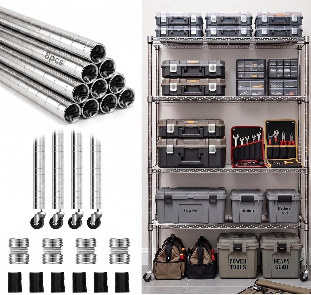 Thyle 4 Pack 74'' Wire Shelving Poles, Rack Posts Replacement, Silver | Heavy Duty Chrome Steel Commercial Wire-Shelving Parts with 50 Pcs Wire Shelf Clips for 1" Post Shelving Rack Accessories