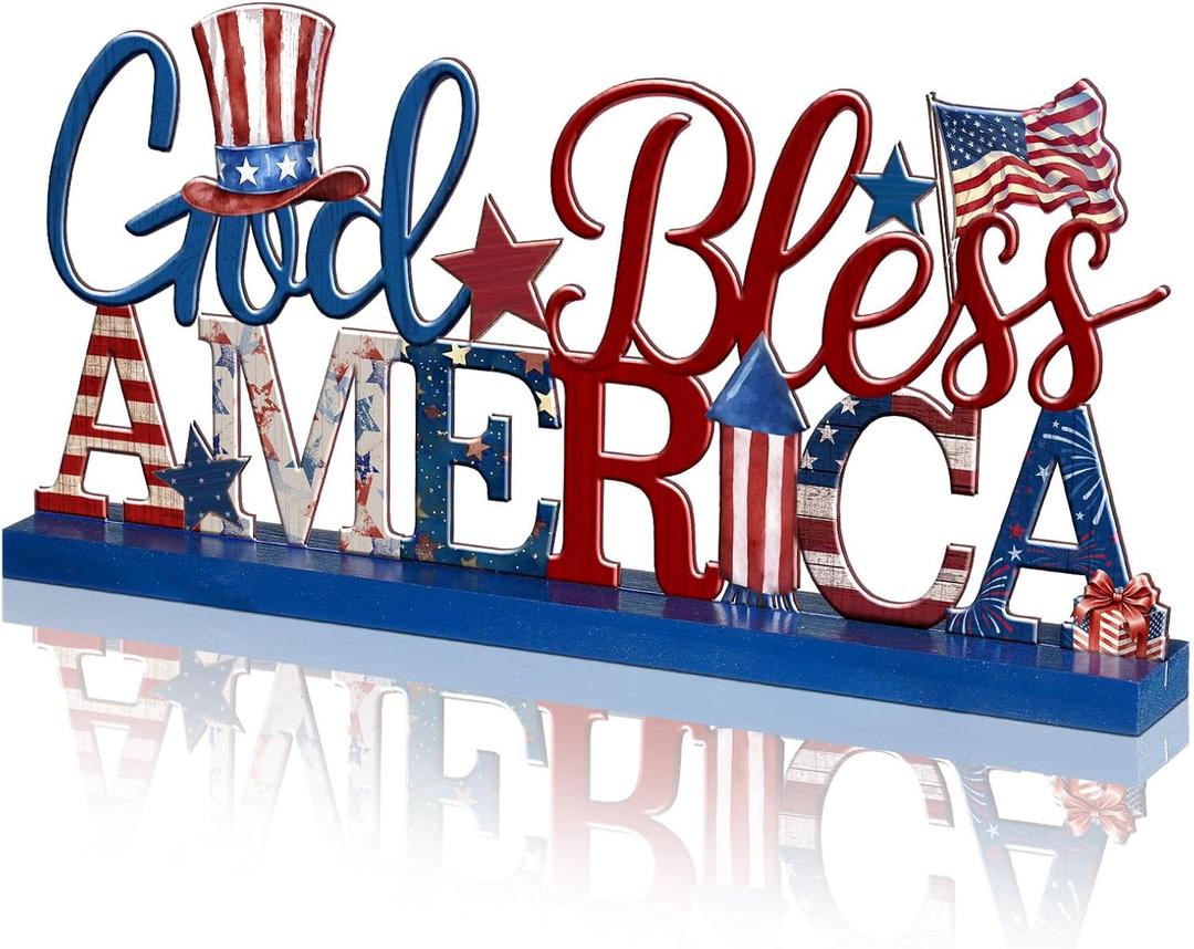 Cinnvoice Memory Day Decoration 4th of July Patriotic Table Sign Farmhouse America God and Bless Table Centerpiece Letter Tiered Tray Decorations for Holiday Kitchen Home Party Supplies