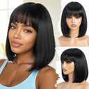 Farblick Bob Wig Human Hair With Bangs Wear and Go Glue less Wig Human Hair 10inch Straight Wig 180% Density Black Wig With Bangs For Women