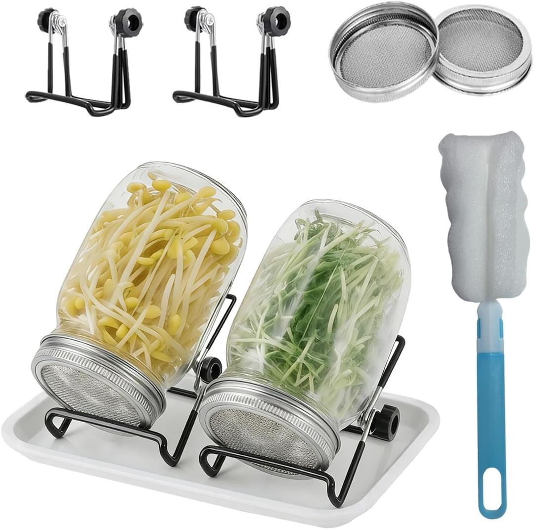 Seed Sprouting Kit, 2 Large 1000ML Wide Mouth Mason Jars with Sprout Lids, Drain Tray, Stainless Steel Stand, Cleaning Brush Sprouts Growing Kit for Sprouts, Bean, Broccoli