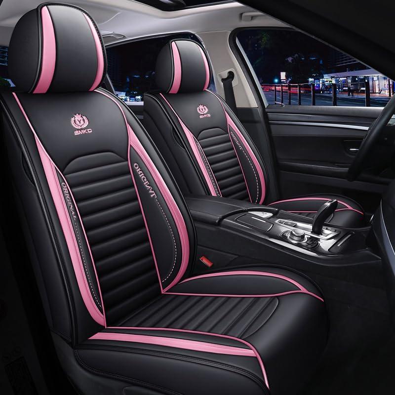 BGYFDU03 Seat Cover 5-Seater Full Set, Universal Type, Suitable for Most Cars Pickup Ttrucks Airbags Compatible with Synthetic Leather Car Seat Cushion Protectors (Black and Pink 02)