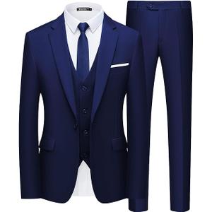 WULFUL Men’s Slim Fit Suit One Button 3-Piece Blazer Dress Business Wedding Party Jacket Vest & Pant, L