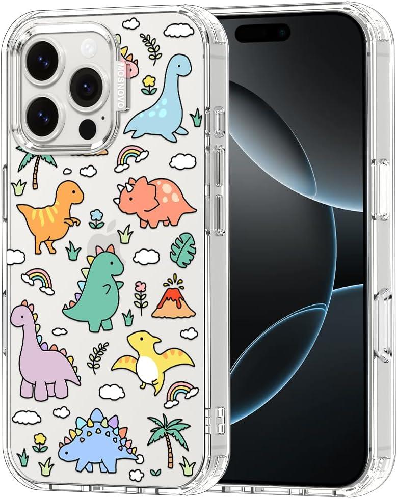 MOSNOVO Case for iPhone 16 Pro Max, [Buffertech 6.6ft Military-Grade Drop Protection] [Anti Peel Off Tech] Clear TPU Bumper Phone Case Cover Design - Dinosaur Land