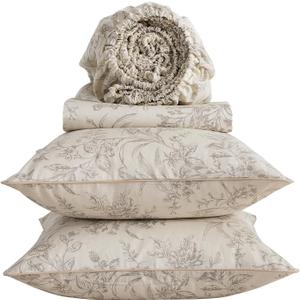 Beige Floral Percale Sheets King Size, Vintage Luxury Leaf Flower Printed Deep Pocket Sheet Set, Soft Crisp 100% Cotton Cozy House Bed Sheets, Shabby Chic Cottage Core Toile Bedding, 4Pcs