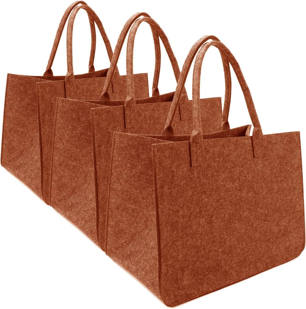 Felt Tote Bag, Large16 x12 x 10" Reusable Bags Lightly Brown 3pcs Heavy Duty Grocery Tote Bag with Handles Grocery Tote Shopping Felt Bags for Grocery, Beach, Travel, Study, Gym, Gifts