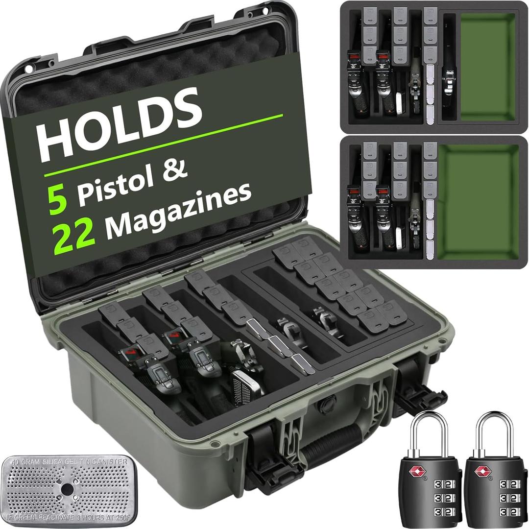 Pistol Gun Case for Multiple Handguns  TSA Approved Travel Pistol Case with 2 TSA Locks, Pre-cut Heavy Duty Waterproof Hard Shell Gun Case with Silica Gel Canister (5 Handguns Case & 17 Magazines)