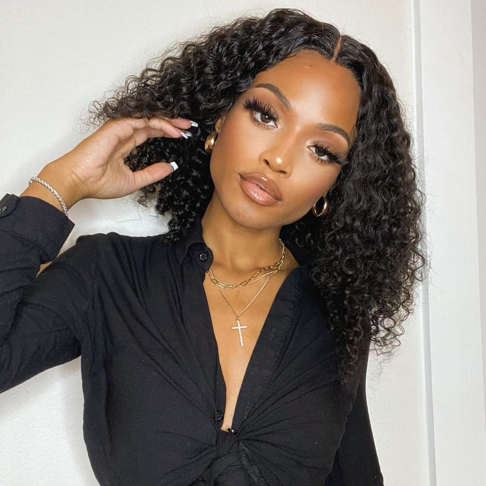 Colorful Queen Curly Wig Lace Front Wig 14 Inch Glueless Curly Wigs for Black Women Wet and Wavy Deep Wave Synthetic HD Transparent Lace Front Wig Natural Black 1B