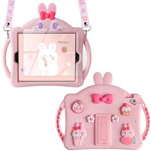 WESADN for iPad 5 6th Generation Case iPad Pro 9.7 for Kids Girls with Screen Protector Shoulder Strap Kickstand Cute Dolls Rabbit Silicone Full Body Protective Tablet Cover for iPad Air 2/1 Pink
