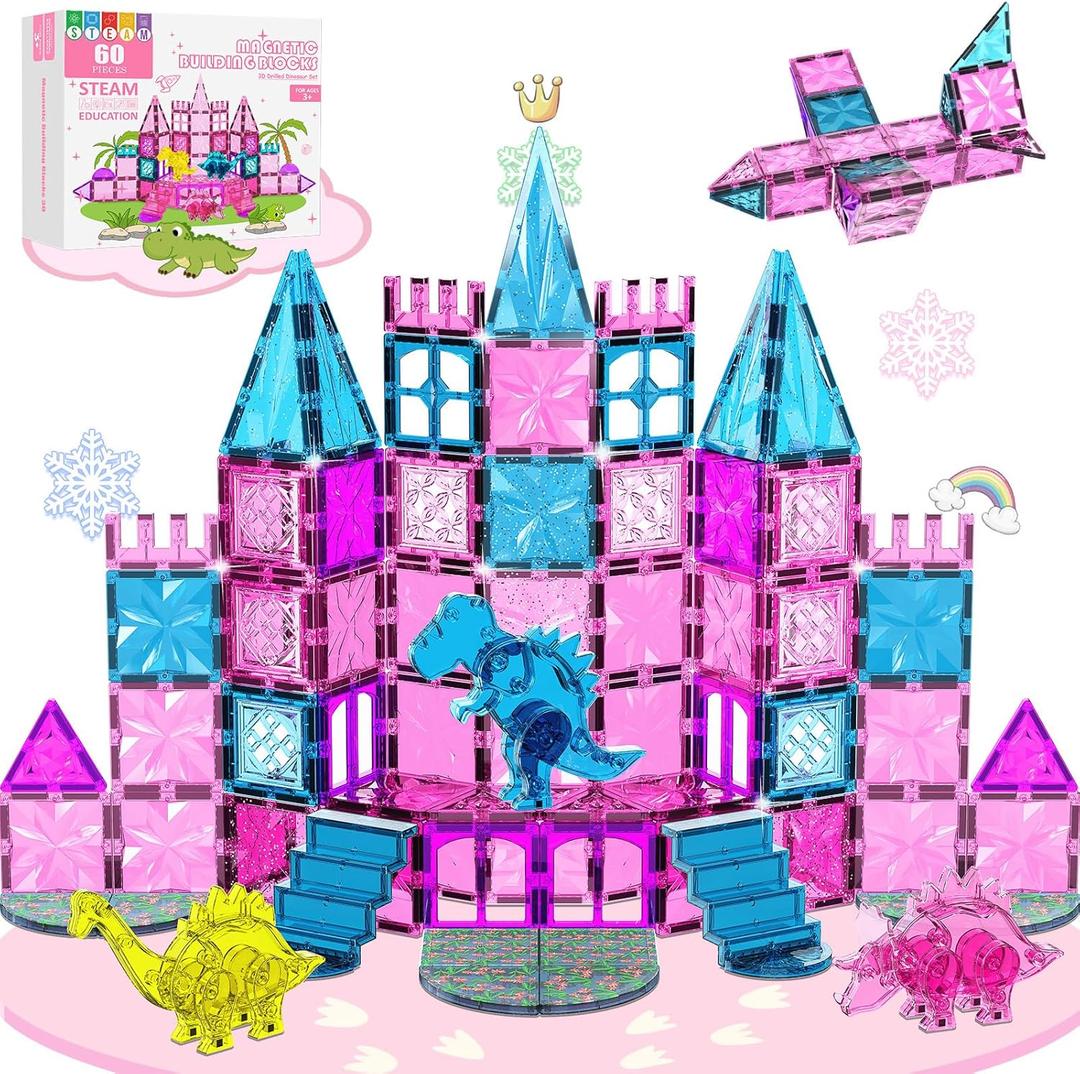 60PCS Dinosaur Toys Magnetic Tiles for Girls, Magnetic Building Blocks Sensory Dino Toy for Girl Ages 3-5 4-8 Year Old, Girl Toys Dinosaur Decorations Birthday Gifts for 3+ Years Old Kids Boys