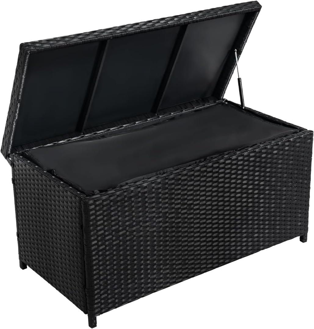 Outdoor 70 Gallon Wicker Storage Box with Waterproof Liner, Patio PE Rattan Storage Container for Outside, Deck Box with Hinged Lid for Cushions, Pillows, Towels, Horizontal Bin, Black