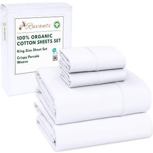 RUVANTI 100% Organic Cotton Sheets King Size, Percale Weave, GOTS Certified, 4-Piece Set, Deep Pocket 15", Crisp & Breathable, Soft Durable Bedding, Sbanas Algodn Orgnico  Bright White