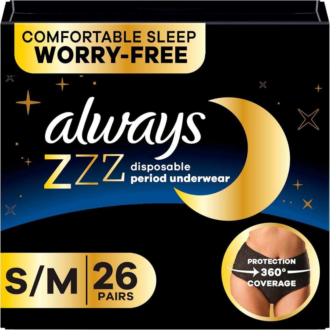 Always ZZZs Disposable Period Underwear, Size S/M, Absorbs 5X More Than an Ultra Thin Overnight Pad, Comfortable Sleep Worry-Free Nights 26 Count