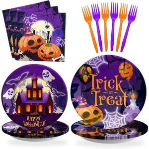 SCIONE 96 Pcs Halloween Party Supplies, Purple Halloween Plates and Napkins Trick Or Treat Tableware Set, Happy Halloween Holiday Pumpkin Ghost Dinnerware Party Decorations Serve 24 Guests