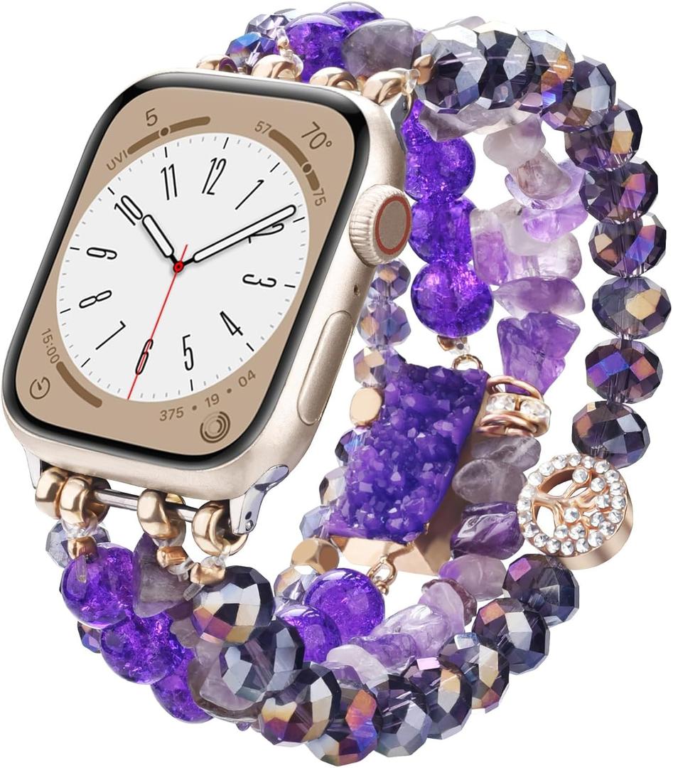 VISOOM Beaded Boho Bracelet Compatible for Apple Watch 40mm/41mm/42mm/38mm Iwatch Series 10 9 8 7 SE 6/5/4 Women Fashion Cute Handmade Crystal Beads Stretchy Watch Strap for iWatch Bands Series 3/2/1 (Amethyst Violet)
